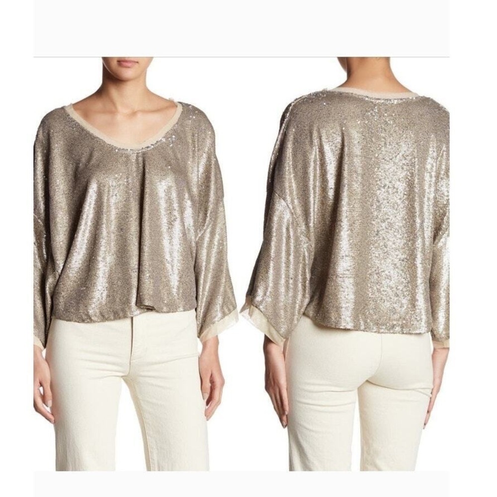 FREE PEOPLE Champagne Dreams Sequins Glam Tee $128 MEDIUM Neutral Cropped EUC - Picture 11 of 12